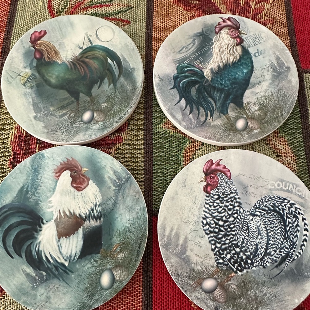 FINAL🔥🔥🔥BNIB Rooster theme coasters 4 PAK with cork backing + 4 designs